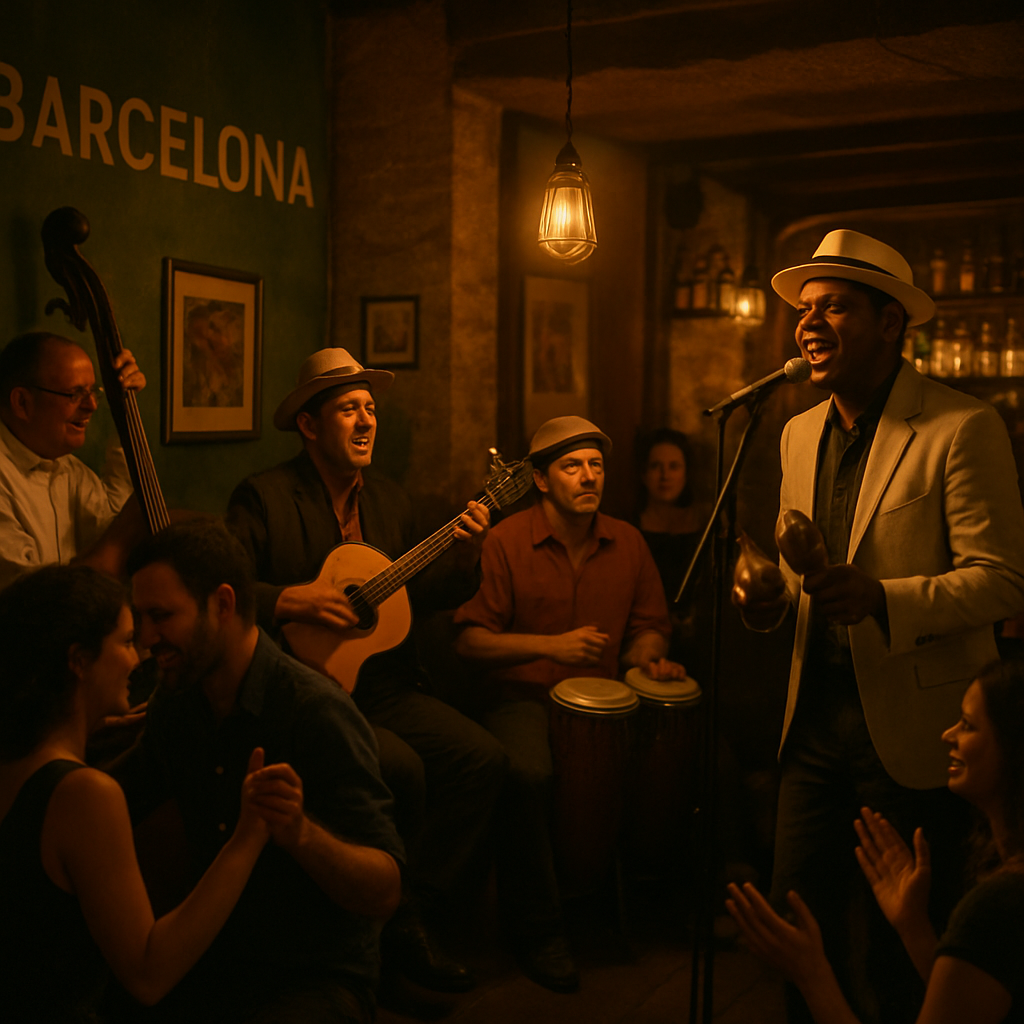 Una noche en Barcelona con músicos tocando son cubano en vivo en un bar íntimo, público disfrutando y bailando. Alt: Música son cubano barcelona en vivo en un bar acogedor.