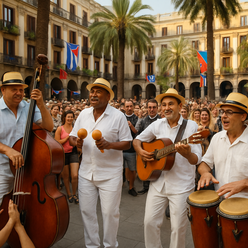 Una agrupación de músicos cubanos tocando son en una plaza de Barcelona, con público entregado y ambiente de fiesta auténtica. Alt: Músicos cubanos en Barcelona tocando son cubano en vivo en evento cultural