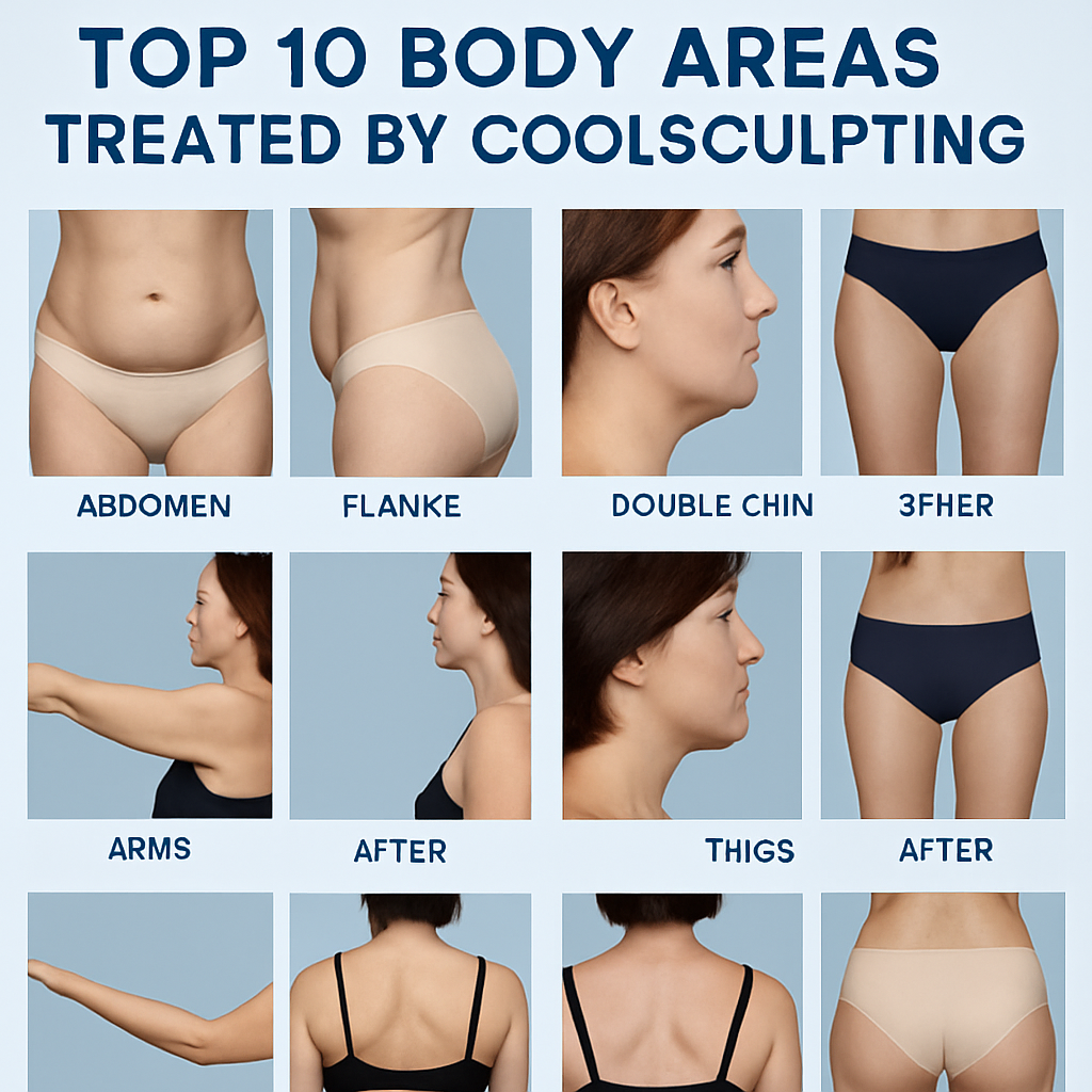 A collage showing the top 10 body areas treated by Coolsculpting, including abdomen, flanks, double chin, thighs, arms, back fat, and buttocks. Alt: Coolsculpting before and after results on common body areas treated.