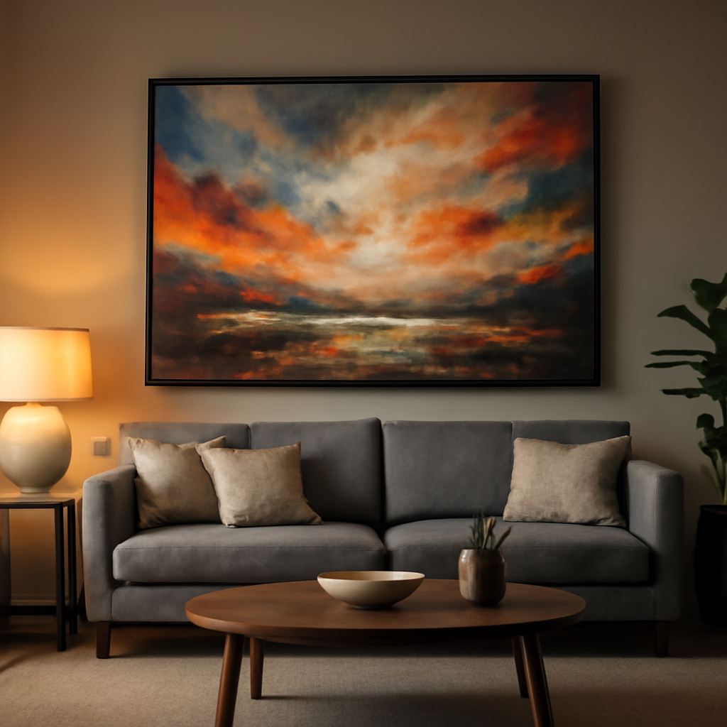A modern living room with a large hand‑painted canvas hanging over a sofa, framed in a sleek black frame. Alt: Large hand‑painted canvas hanging over a sofa in a modern living room.