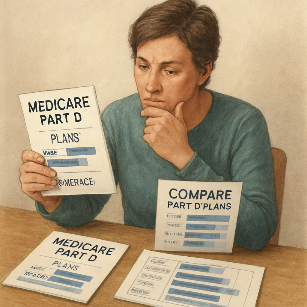 Illustration of a person comparing Medicare Part D prescription drug plan brochures on a table, looking thoughtfully. Alt: Compare Medicare Part D plans cost coverage with brochures and charts.