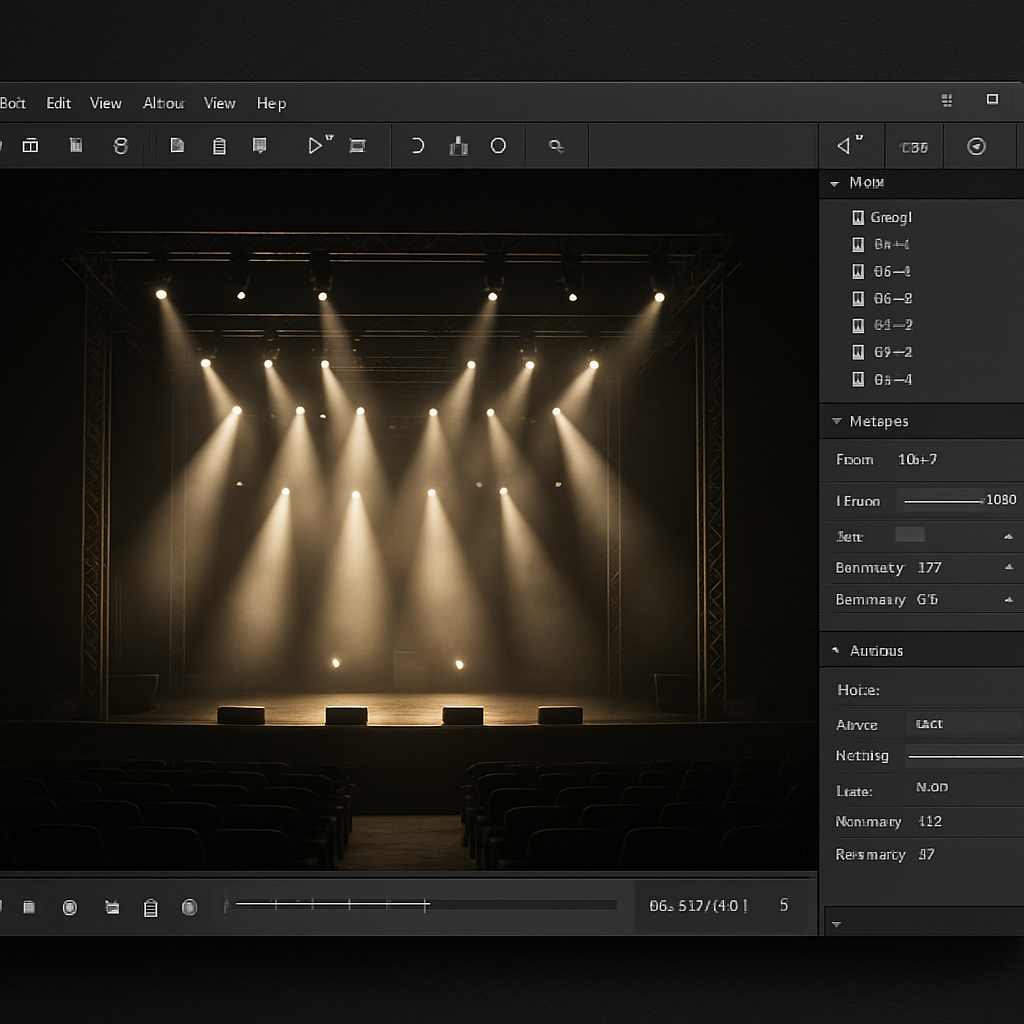 Illustration montrant une interface 3D WYSIWYG en train de simuler un light plot pour un concert. Alt: Visualisation 3D realiste de light plot software pour éclairage scénique.