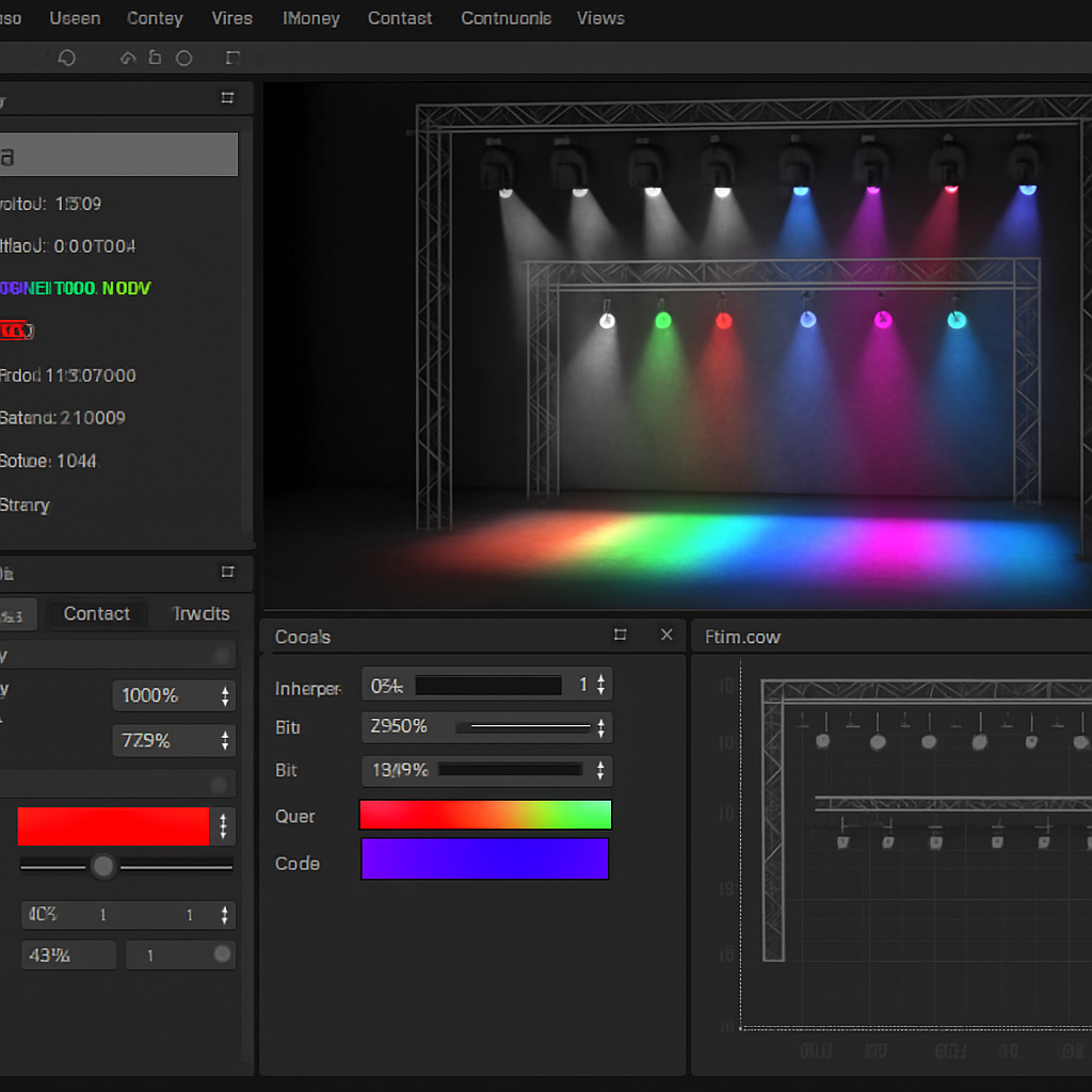 Illustration d’une interface 3D de stage lighting design software montrant un plan scénique avec plusieurs projecteurs, visualisation en temps réel des couleurs et intensités. Alt: Interface du logiciel Capture pour la conception et simulation d’éclairage scénique.