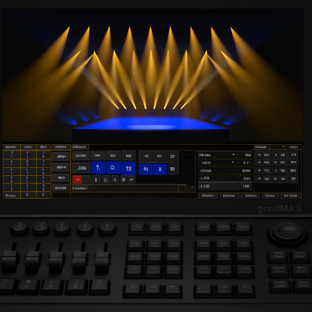 Un écran de la console GrandMA 3 montrant une modélisation 3D d’un spectacle lumineux sur scène. Alt: Visualisation en 3D de la programmation lumière sur la console GrandMA 3, exemple de stage lighting design software.