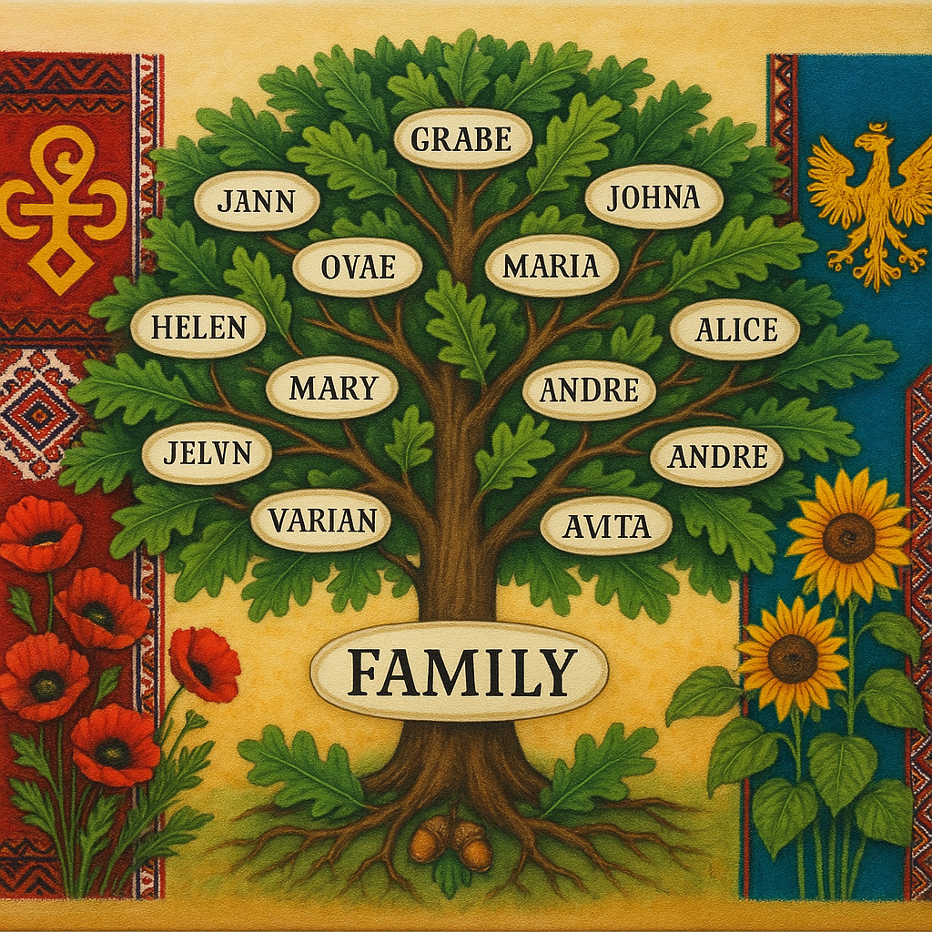A vibrant custom family tree canvas featuring cultural symbols, nature-inspired motifs like oak leaves, and embroidered textile patterns. Alt: Custom family tree canvas print gift depicting unique heritage-inspired themes and motifs.