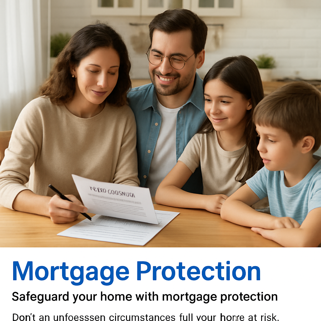 A cozy family sitting at a kitchen table reviewing mortgage paperwork, with a sense of calm and confidence. Alt: mortgage protection insurance benefits illustration.