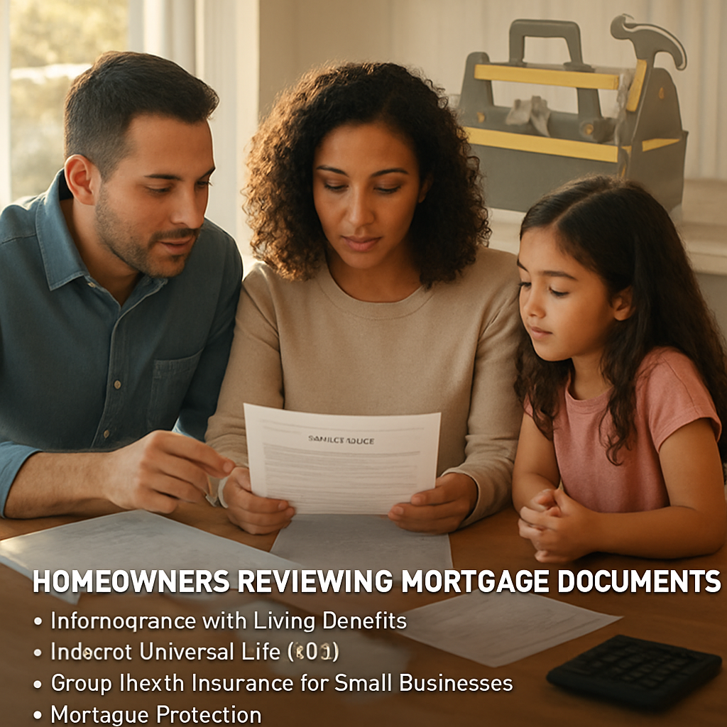A family reviewing mortgage documents at a kitchen table, sunlight streaming through the window, with a subtle overlay of a home‑repair toolbox. Alt: homeowners reviewing mortgage protection options while maintaining their home.