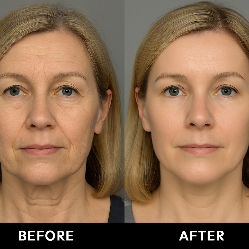 A side-by-side comparison of a middle-aged woman's face, showing clear skin tightening and reduced wrinkles after Morpheus8 treatment. Alt: Morpheus8 before and after skin tightening transformations showing smoother and firmer skin results.