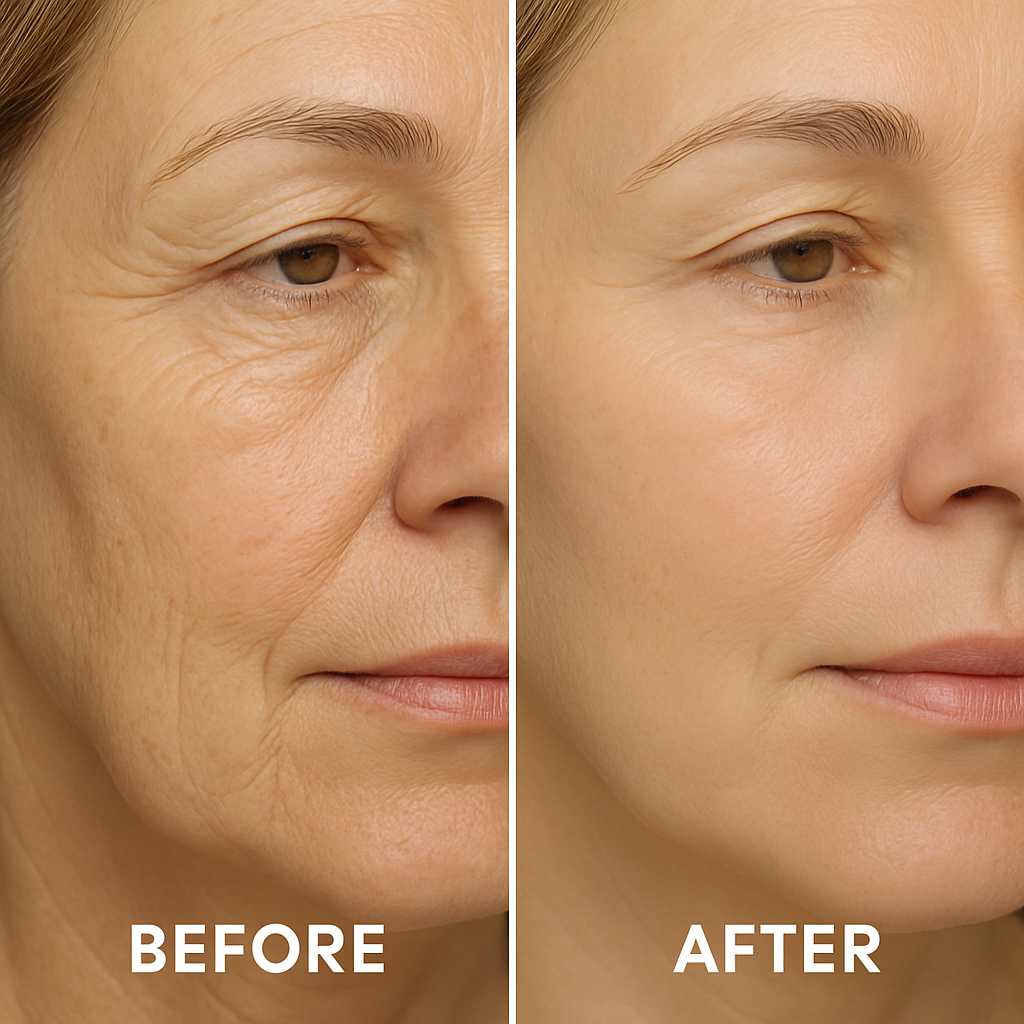 A close-up, natural photo showing a middle-aged woman's skin before and after Morpheus8 treatment, highlighting visibly reduced fine lines and smoother texture. Alt: Morpheus8 before and after treatment showing minimized fine lines and wrinkles on mature facial skin.
