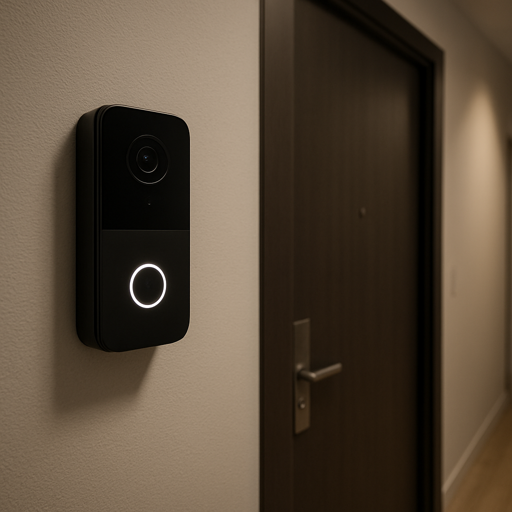 A modern apartment hallway with a sleek battery‑powered doorbell camera mounted near the door, soft ambient lighting highlighting the unit. Alt: doorbell camera for apartments, battery‑powered, Wi‑Fi ready, secure entry.