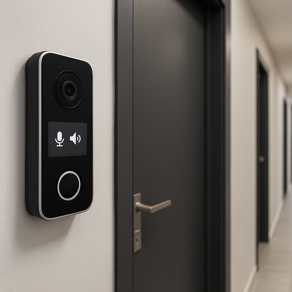 A modern apartment hallway with a sleek doorbell camera showing two‑way audio icon on the device screen. Alt: doorbell camera for apartments with two‑way audio and privacy controls.