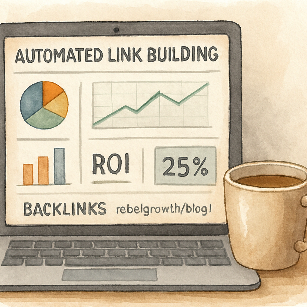 An illustration of a digital dashboard showing automated link building metrics, with charts and a coffee mug beside a laptop. Alt: automated link building software dashboard showing ROI metrics.