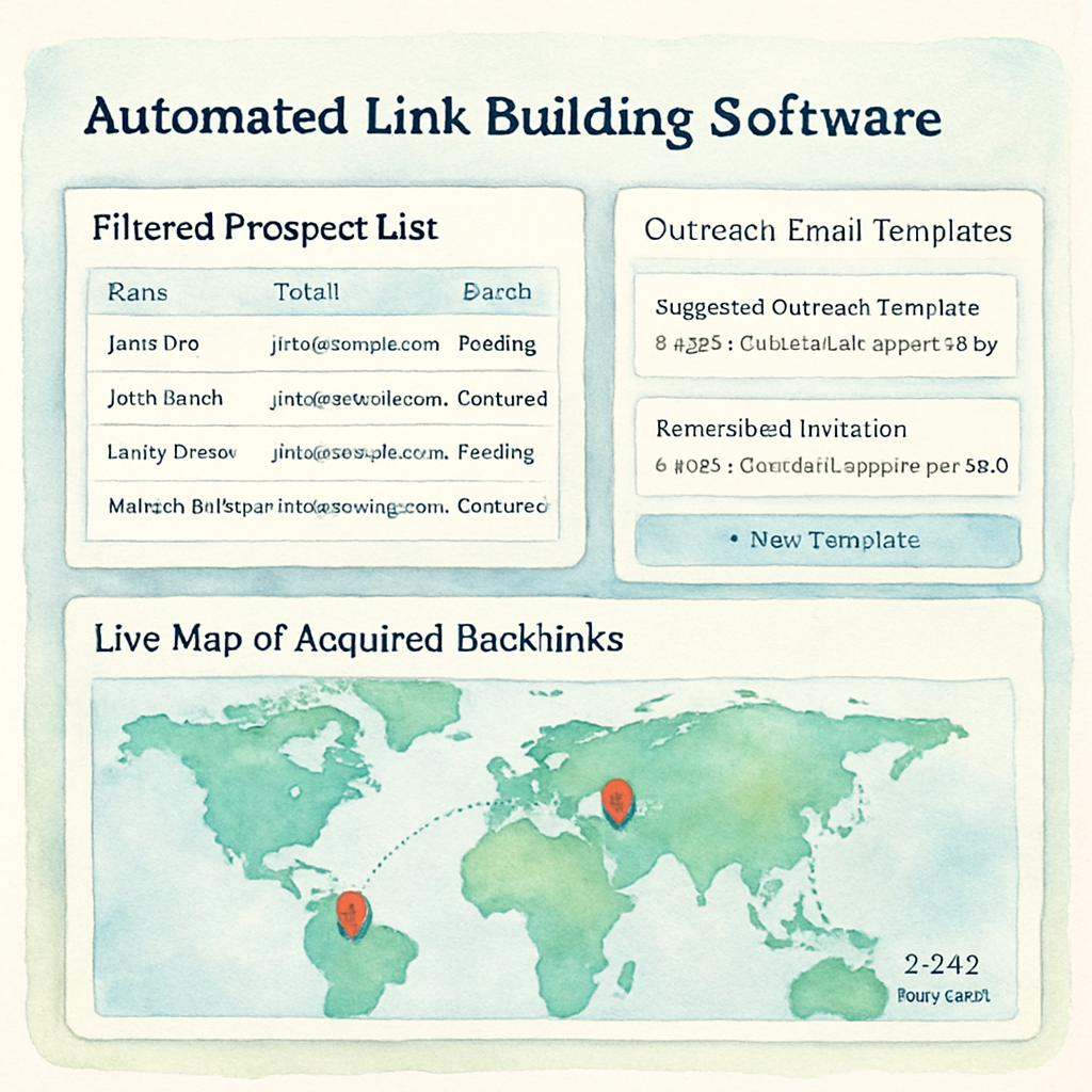 A sleek dashboard showing filtered prospect list, outreach email templates, and a live map of acquired backlinks. Alt: Automated link building software dashboard with metrics and filters.