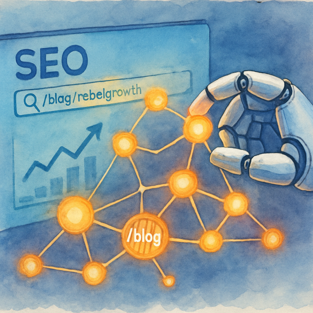 An AI‑generated illustration of a futuristic SEO dashboard with glowing link nodes and a robot hand placing a link, Alt: Future trends in automated link building software.