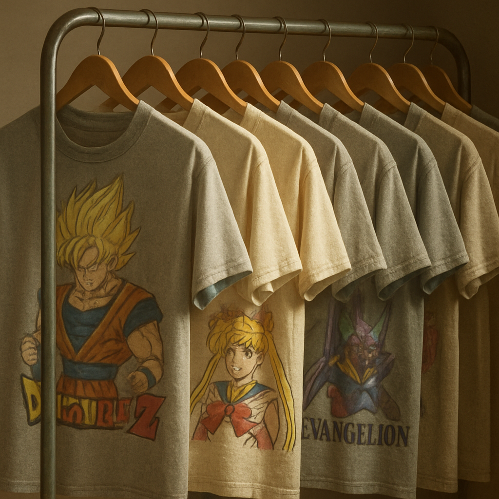 A high‑detail illustration of a retro‑style anime t‑shirt rack featuring classic series heroes like Goku, Sailor Moon, and Evangelion Unit‑01, with soft lighting highlighting the faded prints and textured cotton. Alt: vintage anime t shirts classic series heroes collection
