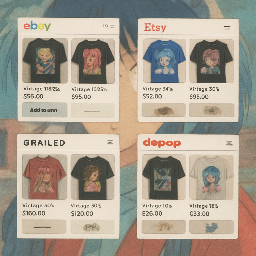 A collage of four online storefront screenshots showing eBay, Etsy, Grailed, and Depop listings for vintage anime t shirts, with faded 90s anime artwork in the background. Alt: vintage anime t shirts online marketplace collage showcasing popular stores for collectors.