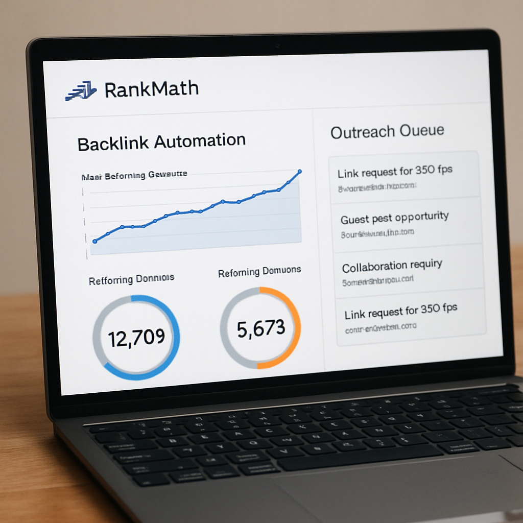 A sleek laptop screen showing RankMath’s backlink automation dashboard, with graphs and a list of pending outreach emails. Alt: RankMath backlink automation software dashboard displaying SEO metrics and outreach queue.