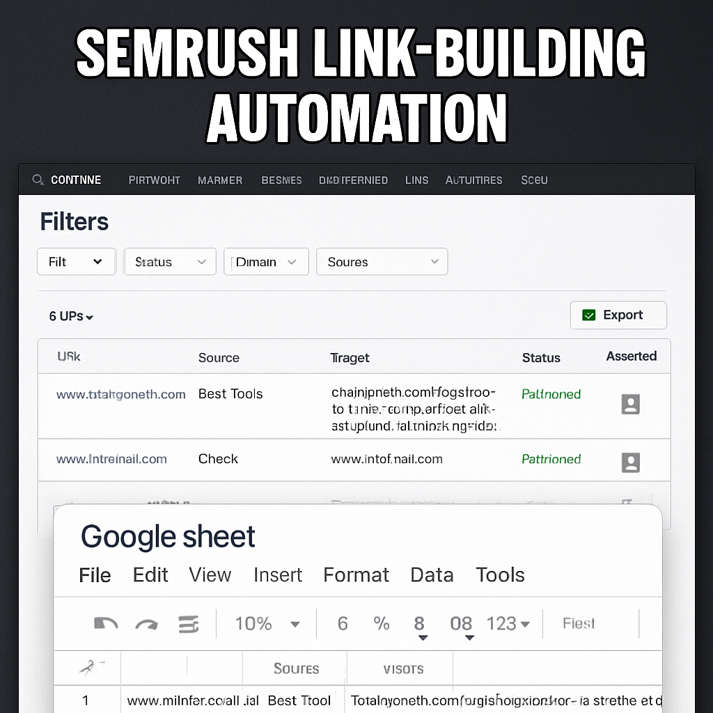 A sleek dashboard screenshot showing SEMrush’s link‑building automation interface with filters, asset attachments, and a live Google Sheet export. Alt: SEMrush backlink automation software dashboard with real‑time data export.