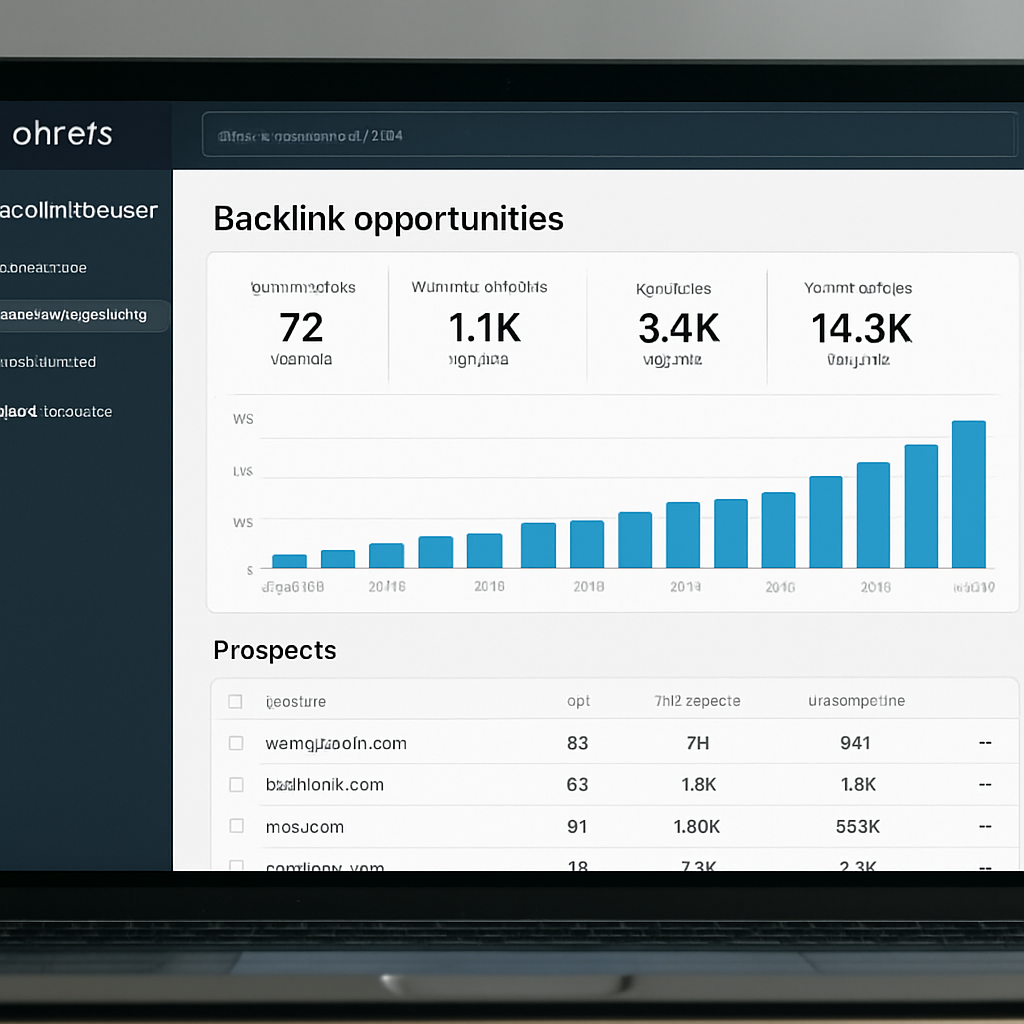 A sleek laptop screen showing Ahrefs Backlink Builder dashboard with charts and prospect list. Alt: Ahrefs Backlink Builder interface displaying backlink opportunities and metrics.