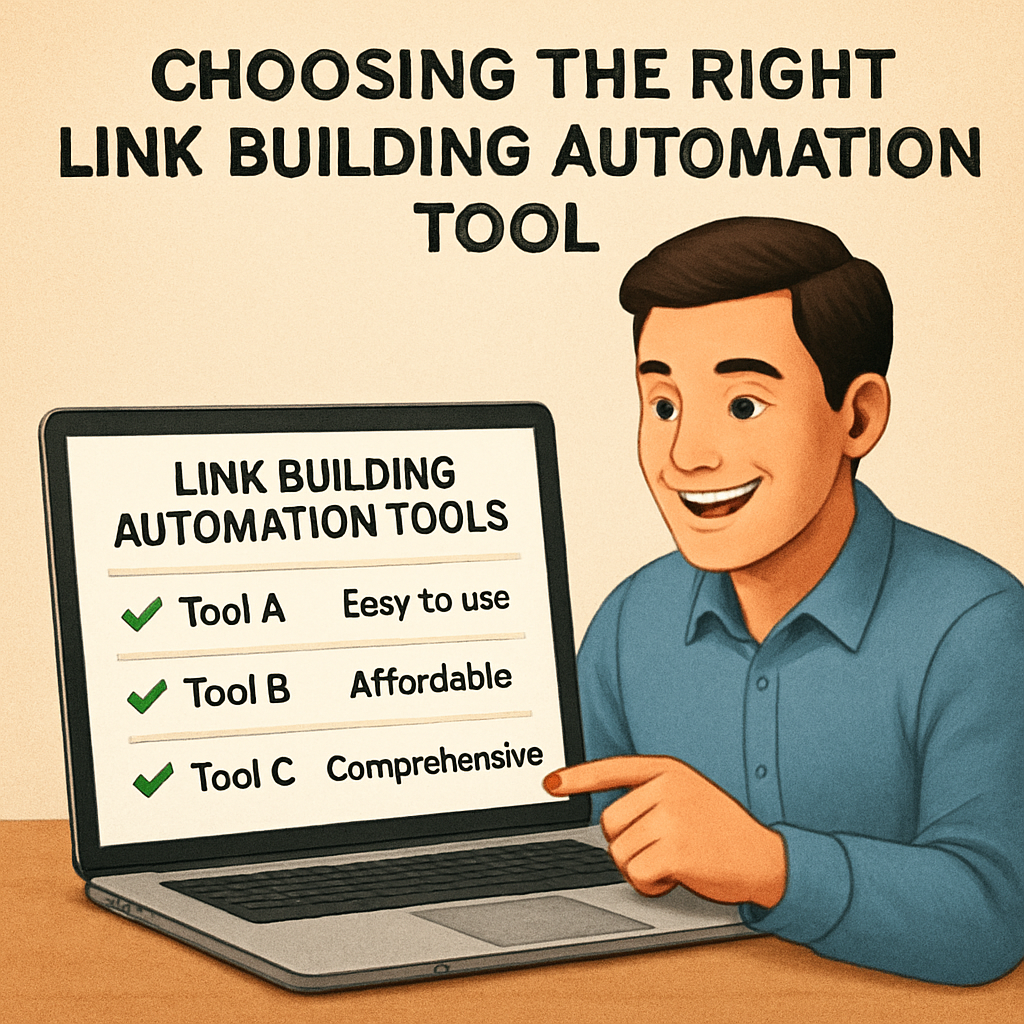A friendly illustration of a marketer comparing different link building automation tools on a laptop screen, with checkmarks and notes. Alt: Choosing the right link building automation tool.
