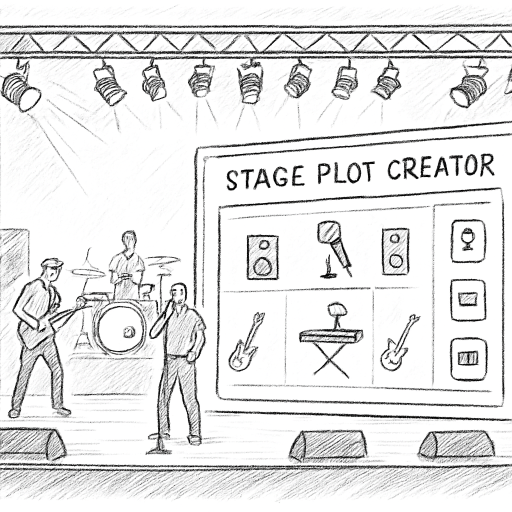 A stage with musicians, lighting rigs, and a digital overlay of a stage plot creator interface showing equipment placement. Alt: stage plot creator visual planning tool for live concerts.