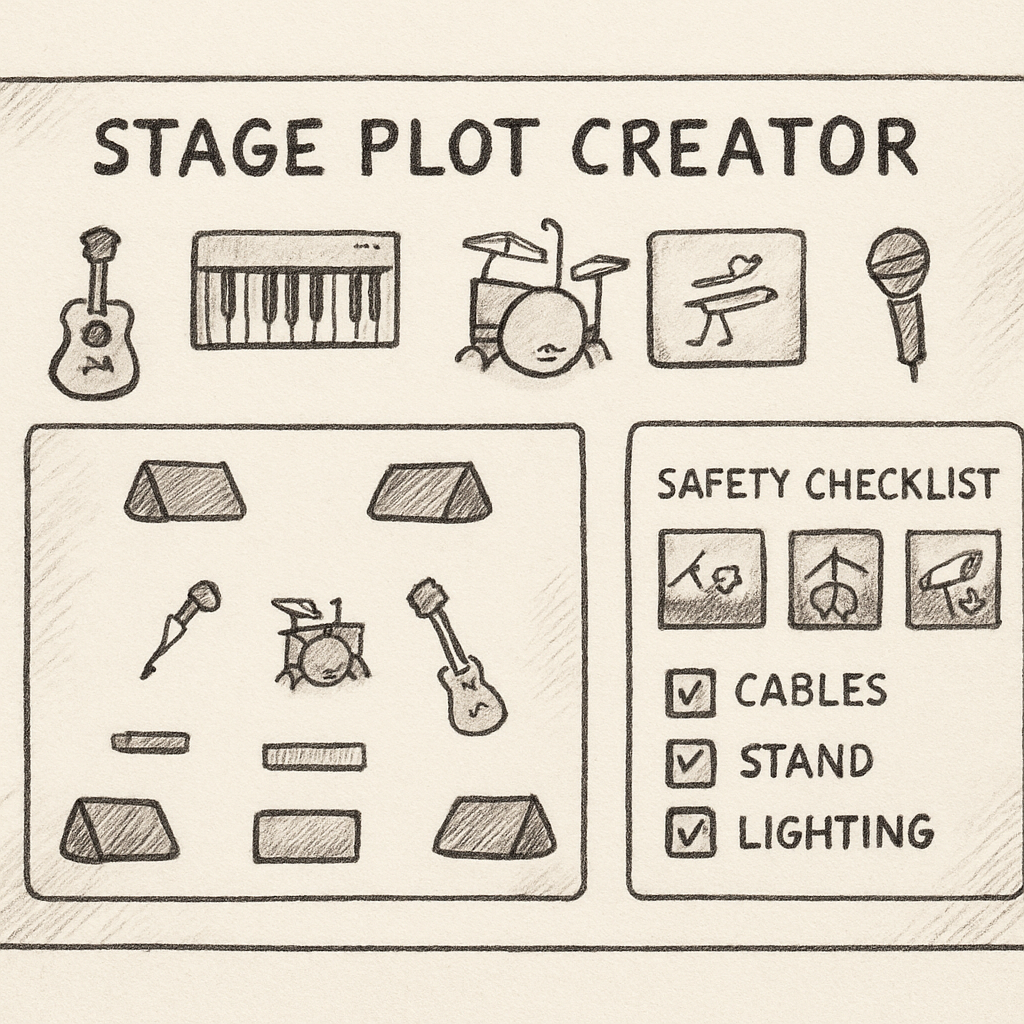 A realistic illustration of a stage plot interface with icons for instruments, monitors, lighting fixtures, and 360° photo thumbnails. Alt: stage plot creator interface with visual annotations and safety checklist