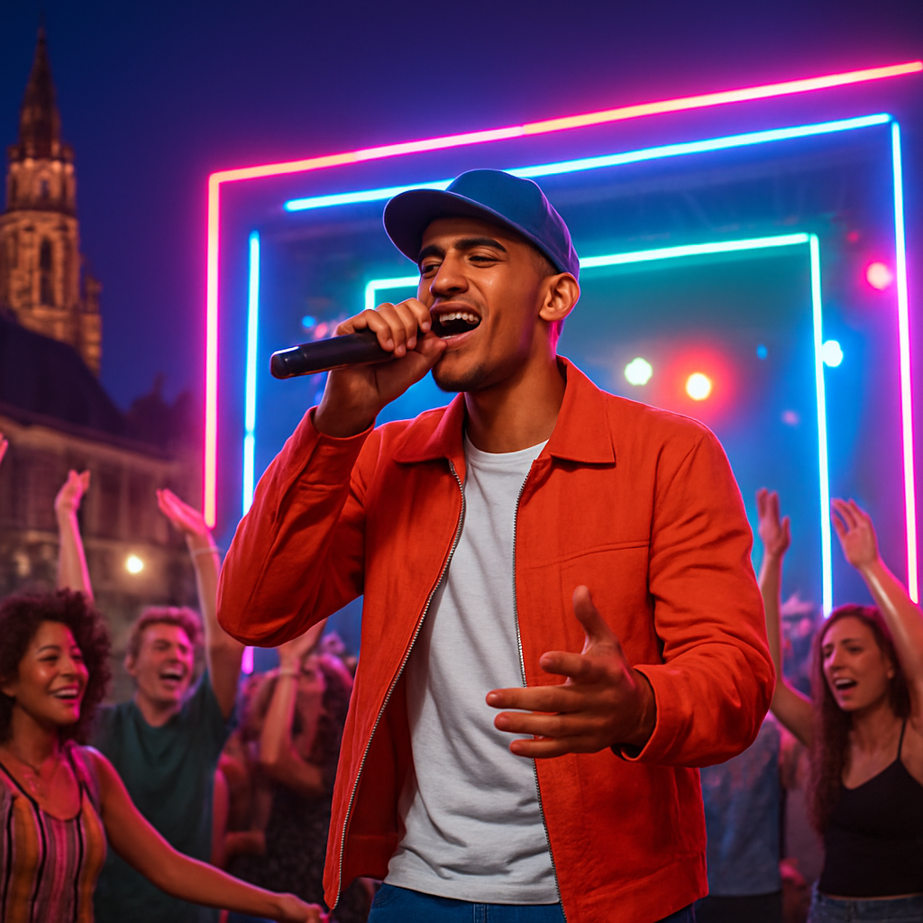 A lively stage at a European event with a Cuban urban pop singer, neon lights, and a youthful crowd dancing. Alt: cantante cubano pop urbano vibrante para público joven