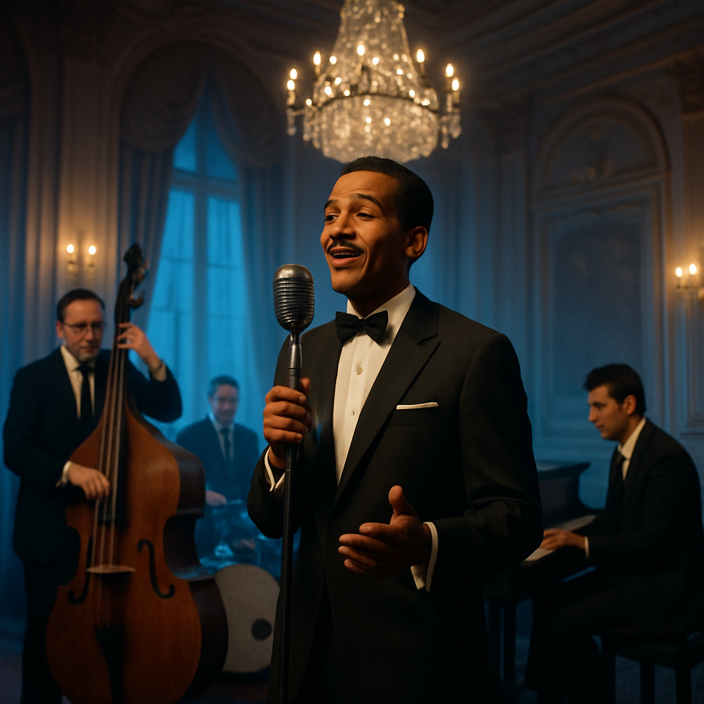 A sophisticated stage setup in a European hotel ballroom with a Cuban jazz singer in a classic tuxedo, soft blue lighting, and a small combo band. Alt: cantante cubano de jazz elegante para eventos corporativos