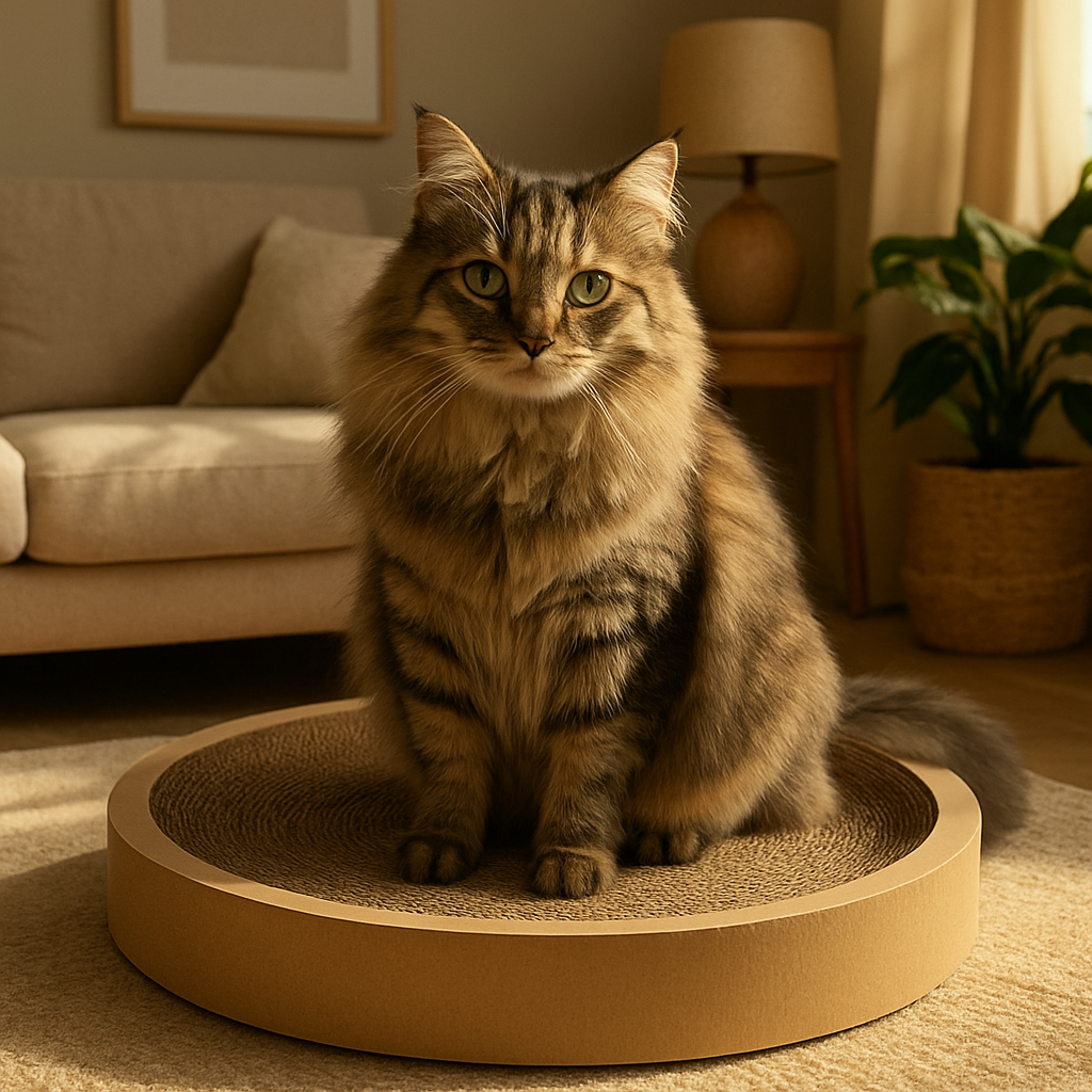 A cozy living room with a fluffy cat perched on the rim of a round cardboard cat scratcher, sunlight streaming in, showing the scratcher’s textured surface. Alt: round cardboard cat scratcher benefits cat stretching perch