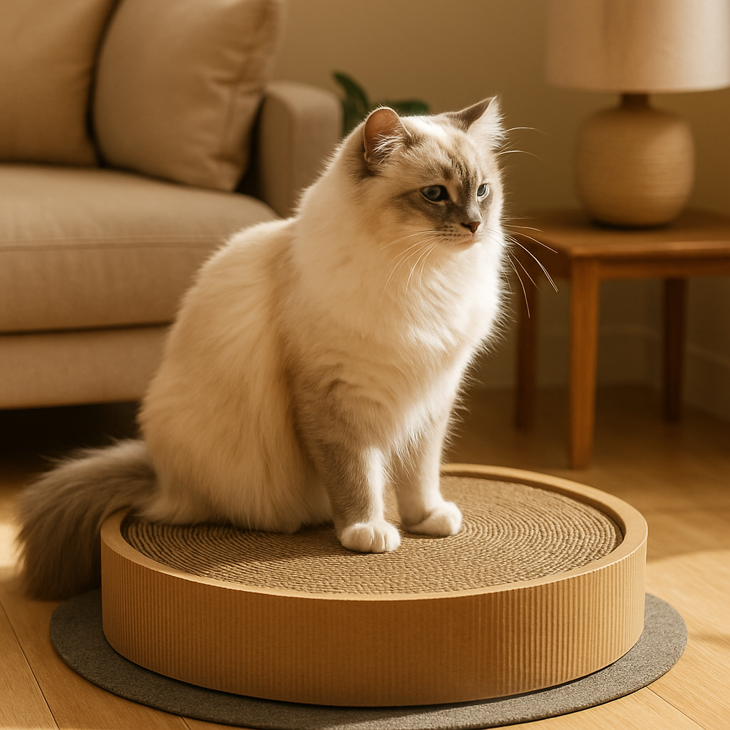 A cozy living room corner with a round cardboard cat scratcher placed on a non‑slip mat, a fluffy cat perched on the rim, sunlight streaming in, showing a clean, well‑maintained scratcher. Alt: round cardboard cat scratcher maintenance tip showing a tidy, durable cat scratching pad.