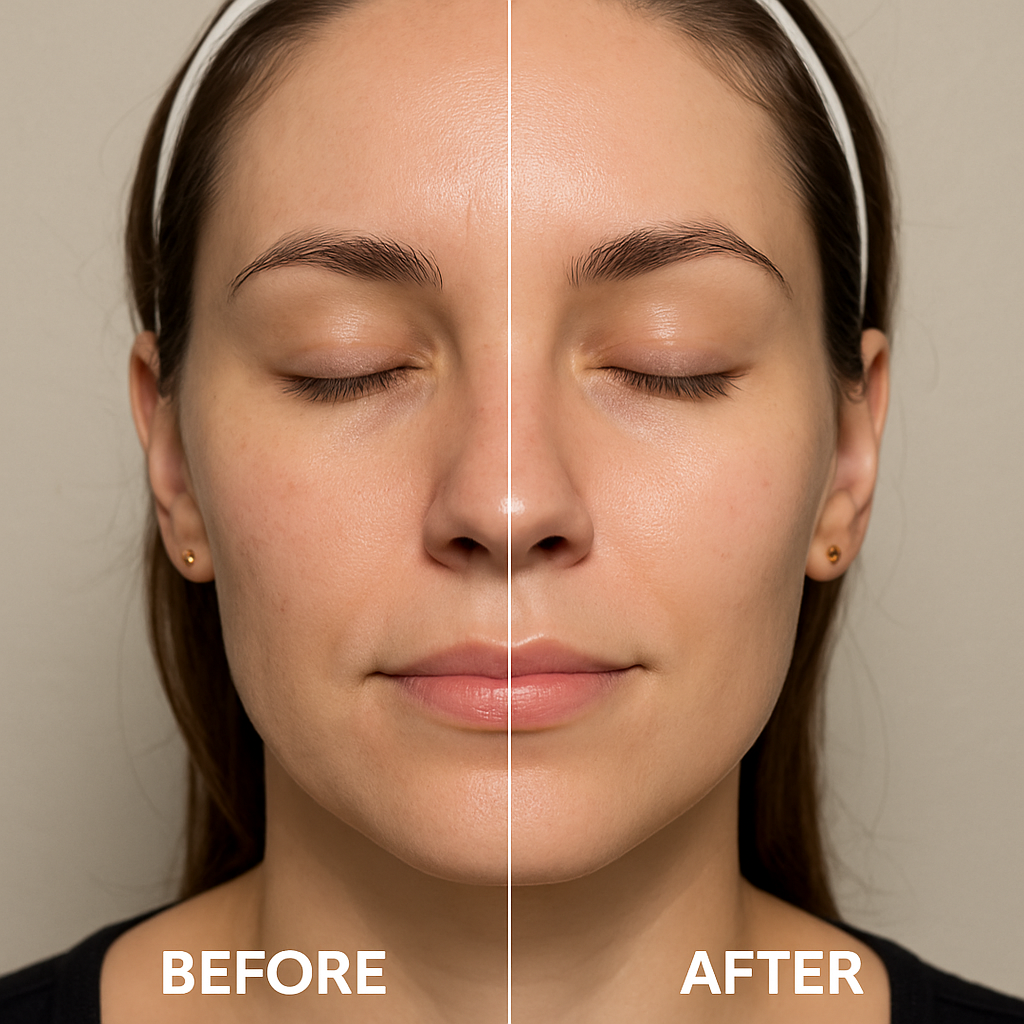A clear before and after split image showcasing a woman’s face pre and post-Hydrafacial treatment; on the left, skin shows enlarged pores, dullness, and uneven texture; on the right, the same face looks radiant, pore-refined, and smooth. Alt: Hydrafacial before and after comparison highlighting visible skin improvements.