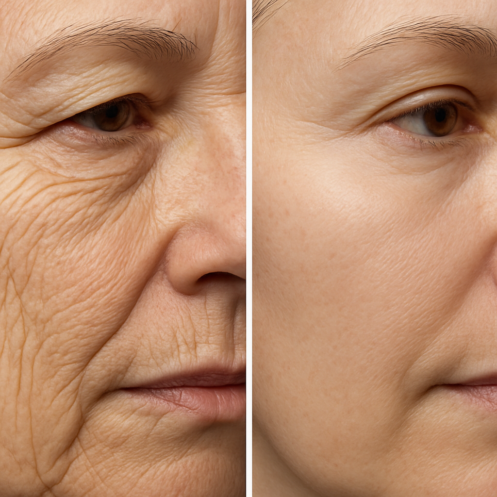 A detailed side-by-side showing a close-up of facial skin with hydrafacial before and after results highlighting reduction in fine lines and wrinkles. Alt: Hydrafacial before and after treatment showing visible reduction in wrinkles and improved skin texture.
