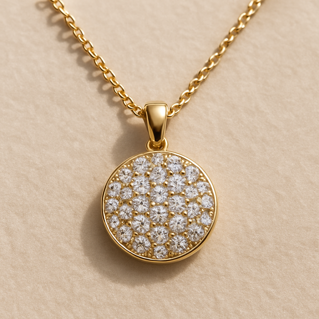 A close‑up of a pave pendant necklace on a soft, neutral background, showing the polished facets catching light. Alt: Pave pendant necklace maintenance tips illustration.
