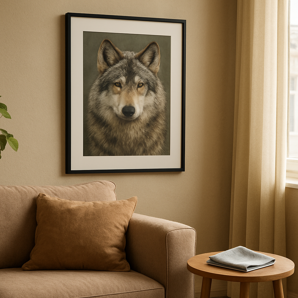 A cozy living room with a wolf art print framed in matte black, soft natural light, a microfiber cloth on a side table. Alt: Wolf art print care tips visual guide.