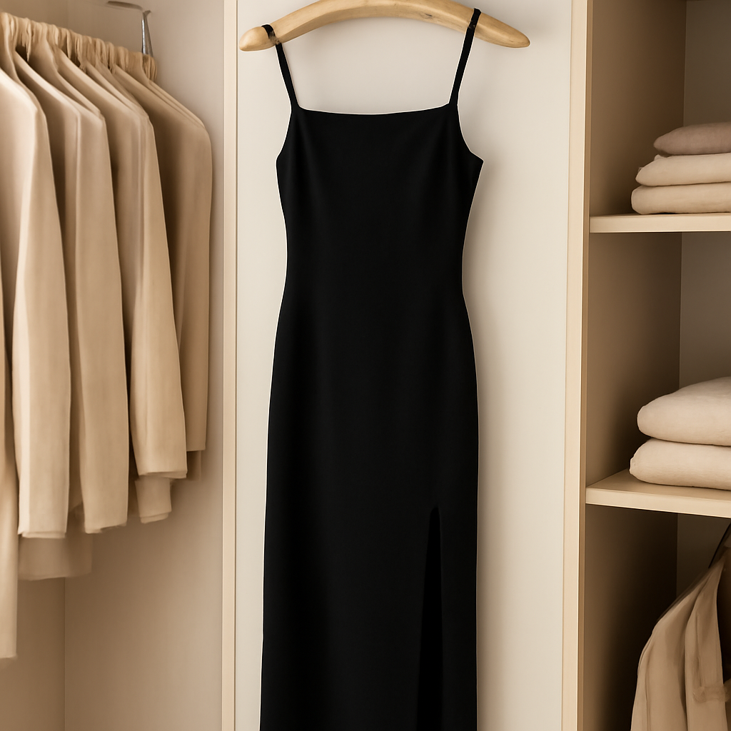 A sleek, padded wooden hanger holding a long black dress with a side slit, displayed in a tidy boutique closet. Alt: Long black dress with slit neatly stored on a padded hanger, preserving its shape.
