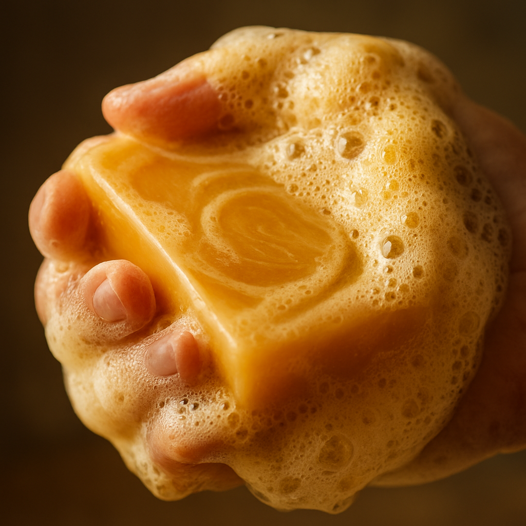 A close‑up of a honey‑infused soap bar being lathered on a hand, rich golden foam swirling, evoking a luxurious feel. Alt: honey soap boosted lather luxury feel