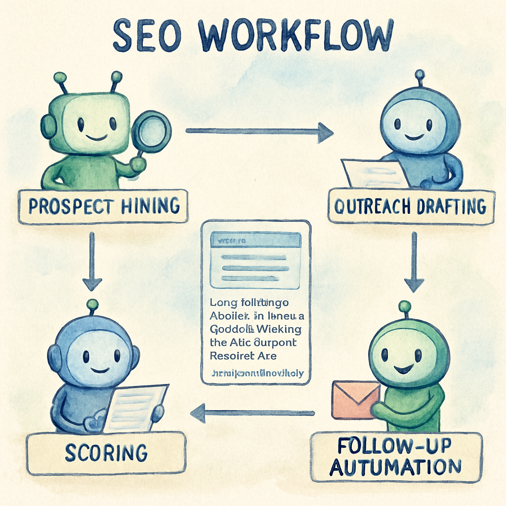 An illustration of a streamlined SEO workflow with AI bots handling prospect mining, outreach drafting, scoring, and follow‑up automation. Alt: Scalable link building workflow powered by an SEO automation platform.