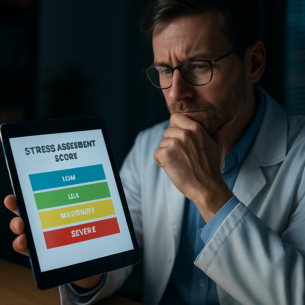 A clinician holding a tablet displaying a colorful stress assessment score chart, looking thoughtful. Alt: clinician reviewing stress assessment tool results for workplace wellbeing