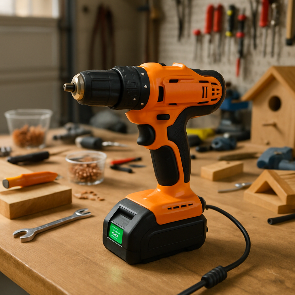 A bright garage scene showing a cheap cordless drill plugged into a fast charger, battery indicator glowing green, with a workbench full of DIY projects. Alt: cheap cordless drill quick charge long battery life