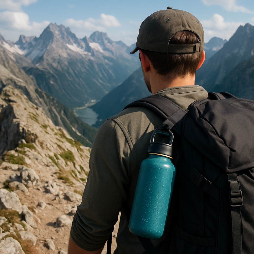 A hiker on a rocky ridge, water bottle clipped to backpack strap, condensation visible on the bottle, alpine scenery in background. Alt: cheap insulated water bottle for hiking, multi‑use, durable.