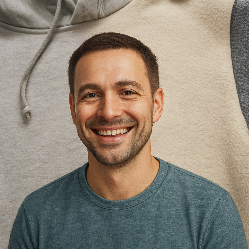 A close‑up of a custom face hoodie showing different fabric textures – soft cotton, plush fleece, and tech‑blend, with a smiling portrait printed on the chest. Alt: custom face hoodie fabric comparison with vivid printed image