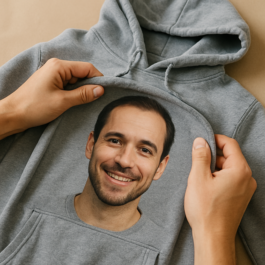 A close‑up of a hand gently turning a custom face hoodie inside‑out, with the printed face visible on the back, showing proper care handling. Alt: Care tips for a custom face hoodie