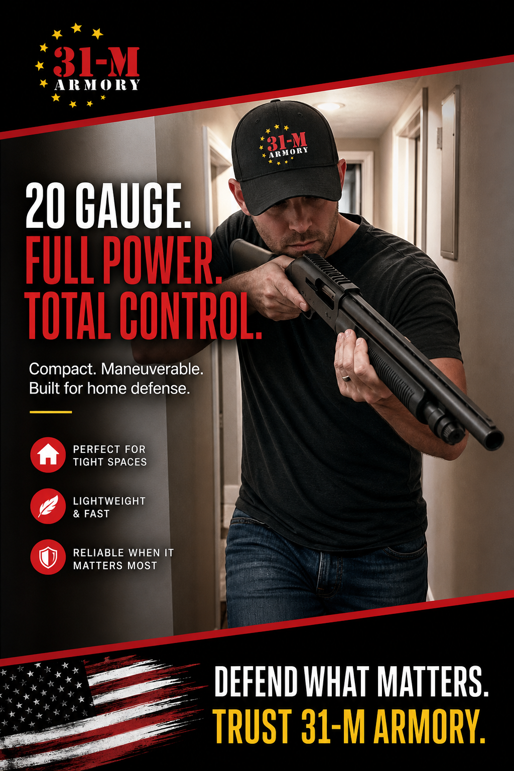 A photorealistic image of a person holding a 20-gauge shotgun in a home hallway, demonstrating maneuverability. Alt: 20 gauge shotgun home defense maneuverability in tight hallway