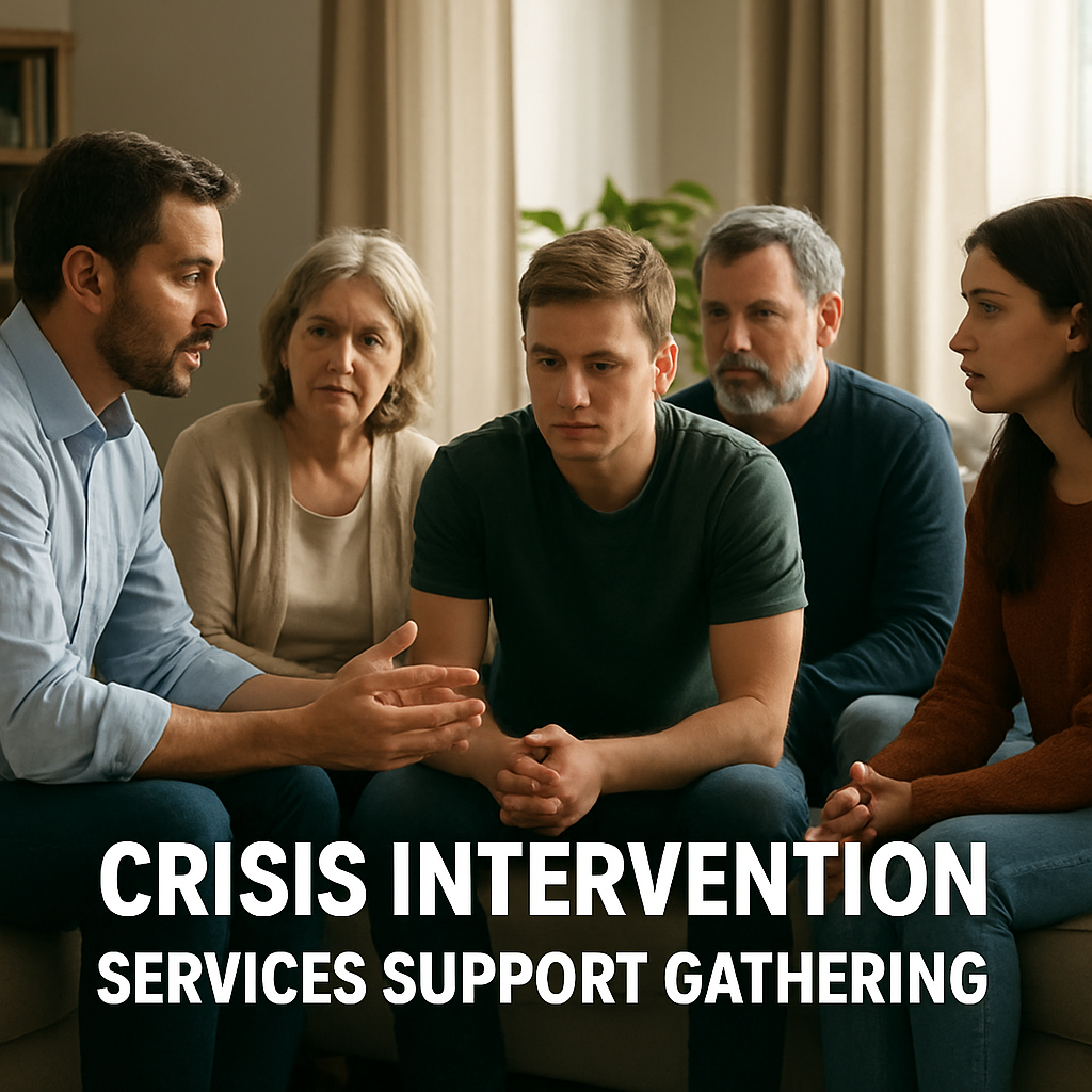 A calm living room where a family sits together for an intervention. Alt: crisis intervention services support gathering.