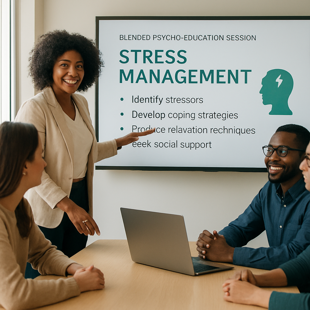 A bright conference room where a diverse group of employees gathers around a laptop for a blended psycho‑education session, with a facilitator pointing at a slide about stress management. Alt: Workplace intervention services improving employee wellbeing