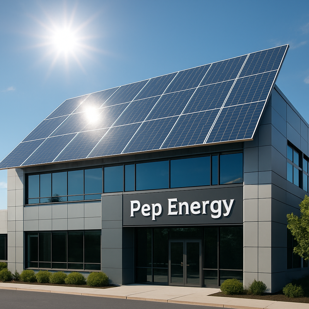 12 Surprising Benefits of Commercial Solar for Growing Businesses 1 A modern commercial building with solar panels on the roof, bright sunlight reflecting off the panels. Alt: commercial solar benefits for businesses.