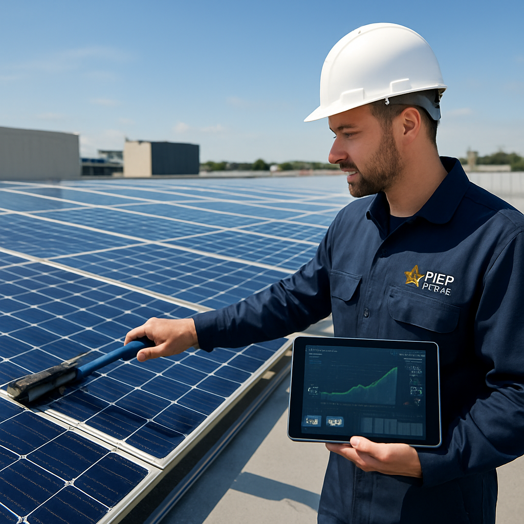 12 Surprising Benefits of Commercial Solar for Growing Businesses 2 A rooftop commercial solar array with a technician cleaning panels while holding a tablet that displays real‑time performance data. Alt: commercial solar maintenance and monitoring for businesses.