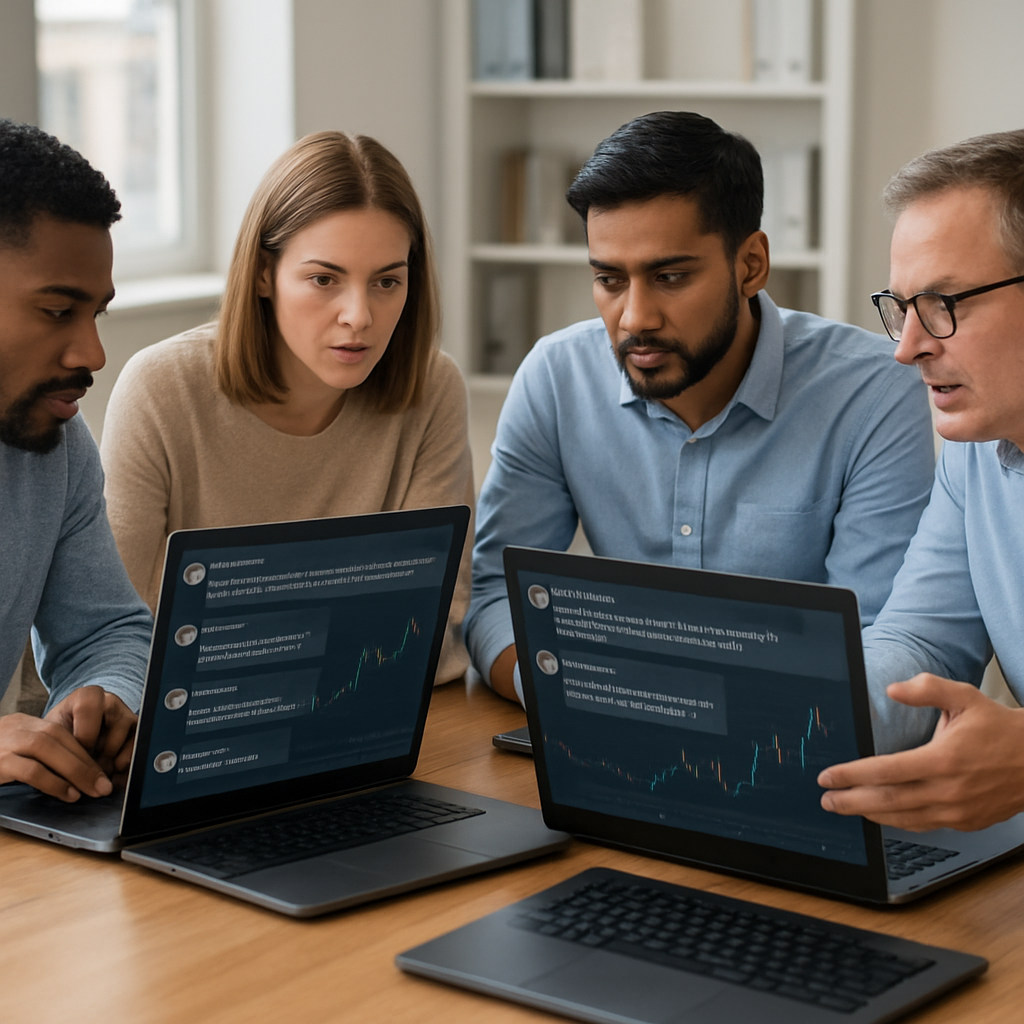 A photorealistic scene of a diverse group of traders gathered around laptops, each posting comments in a forex trading community thread, with charts and chat bubbles visible on screen, realistic lighting, realistic office setting, Alt: active discussion threads in a forex trading community