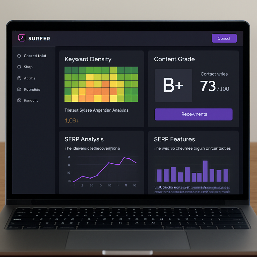 A sleek laptop screen displaying Surfer SEO’s dashboard with keyword heatmaps and SERP analysis charts. Alt: Surfer SEO AI-driven content optimizer dashboard showing keyword density and content grade.