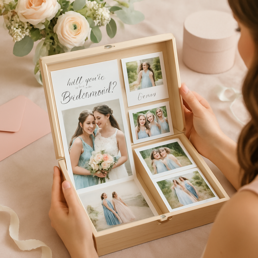 A beautifully arranged photo memory box with custom prints, showing a bridesmaid opening it, surrounded by soft pastel decor. Alt: personalized bridesmaid proposal box photo memory box with personalized prints